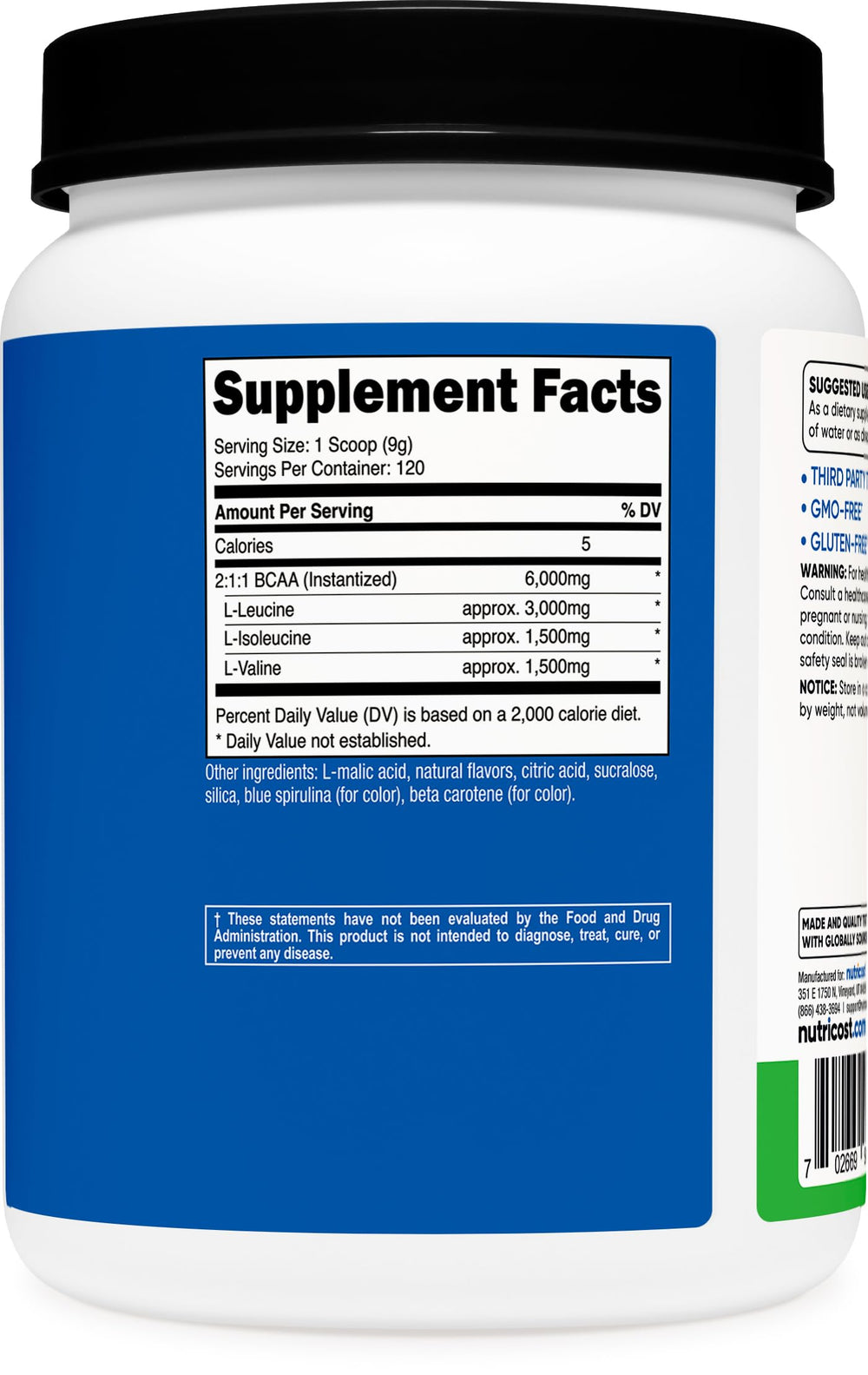 Nutricost BCAA Powder Green Apple packaging on shelf emphasizes vegan and gluten-free.