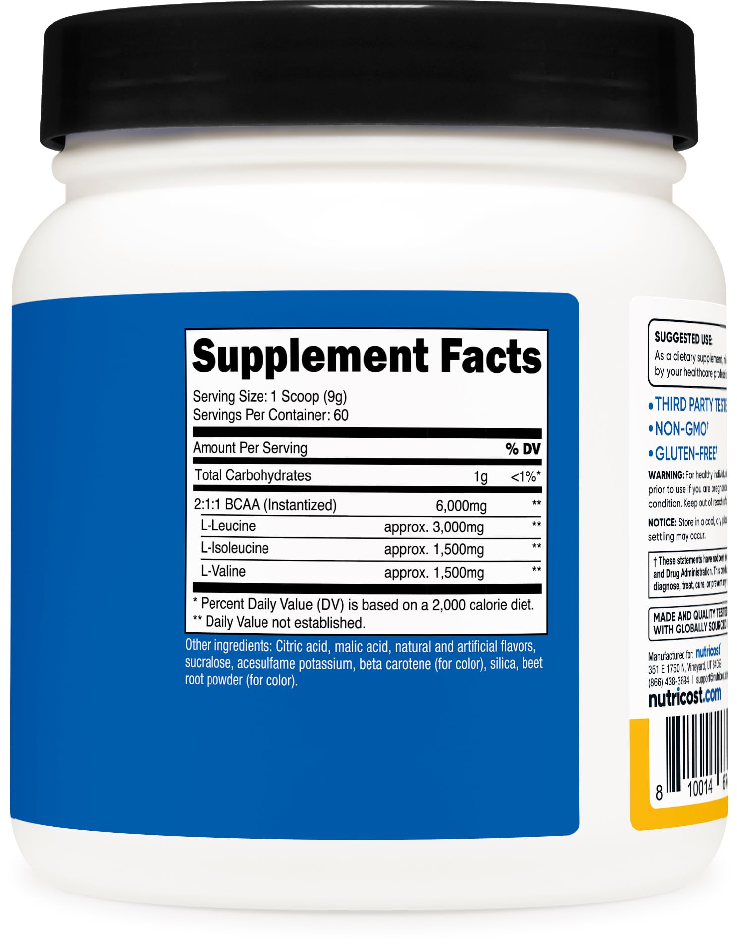 Nutricost BCAA Powder Orange Mango label highlights gluten-free and non-GMO features.