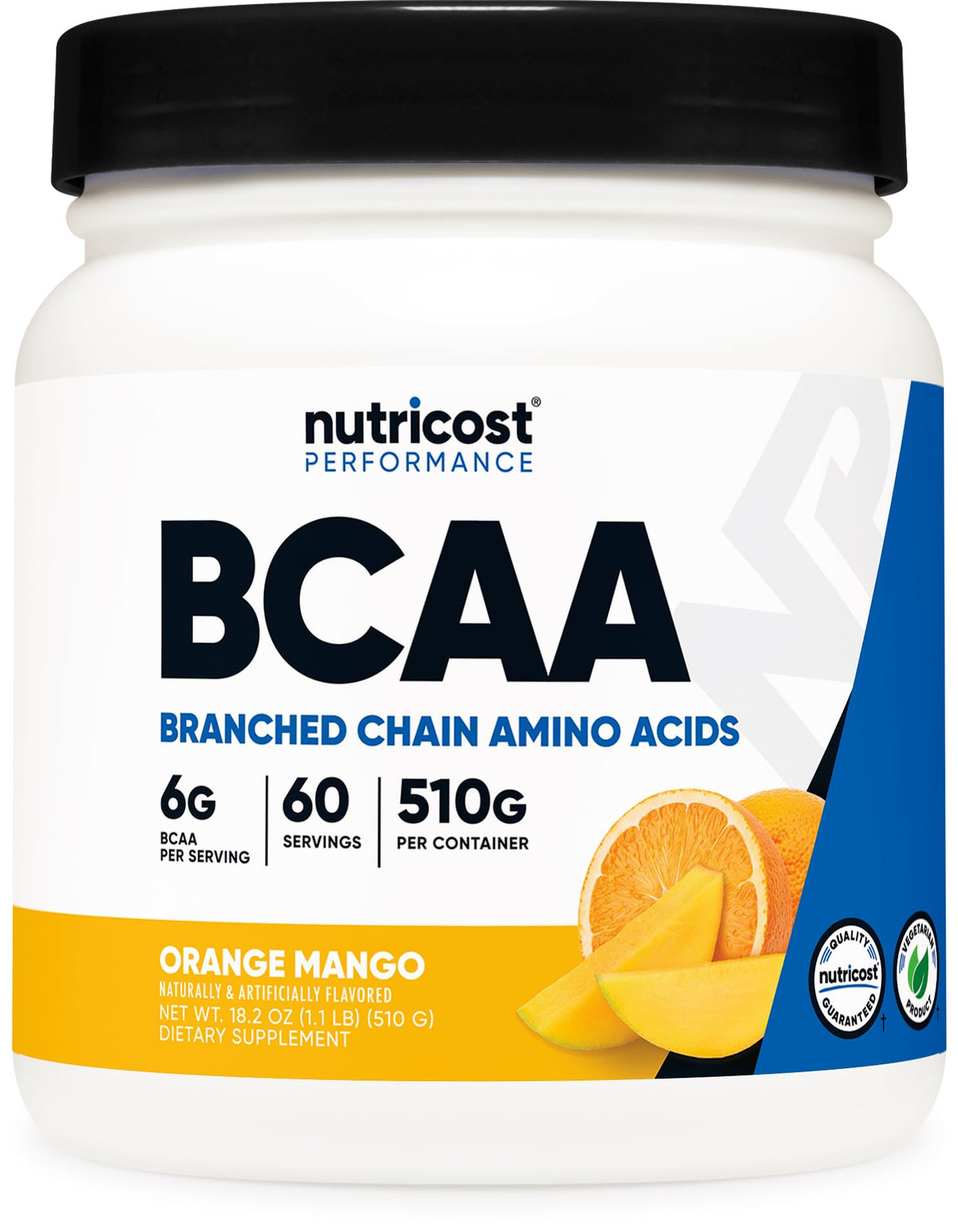 Nutricost BCAA Powder Orange Mango tub ready for post-workout flavor and amino support.