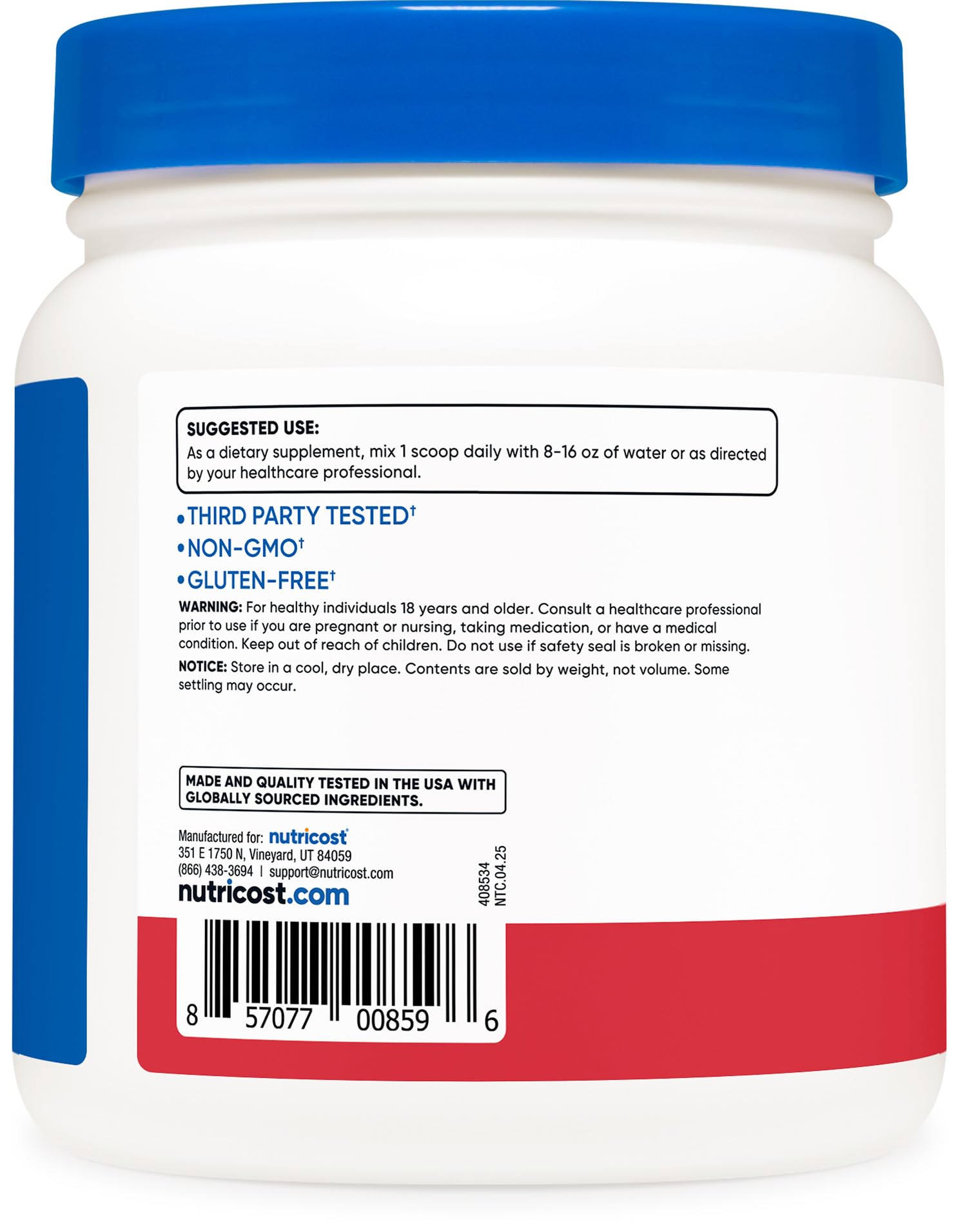 Nutricost BCAA Powder packaging front highlights gluten-free and Non-GMO