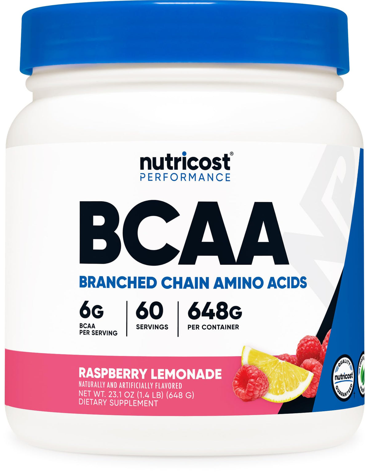 Nutricost BCAA Powder Raspberry Lemonade bottle with 60 servings for workouts.