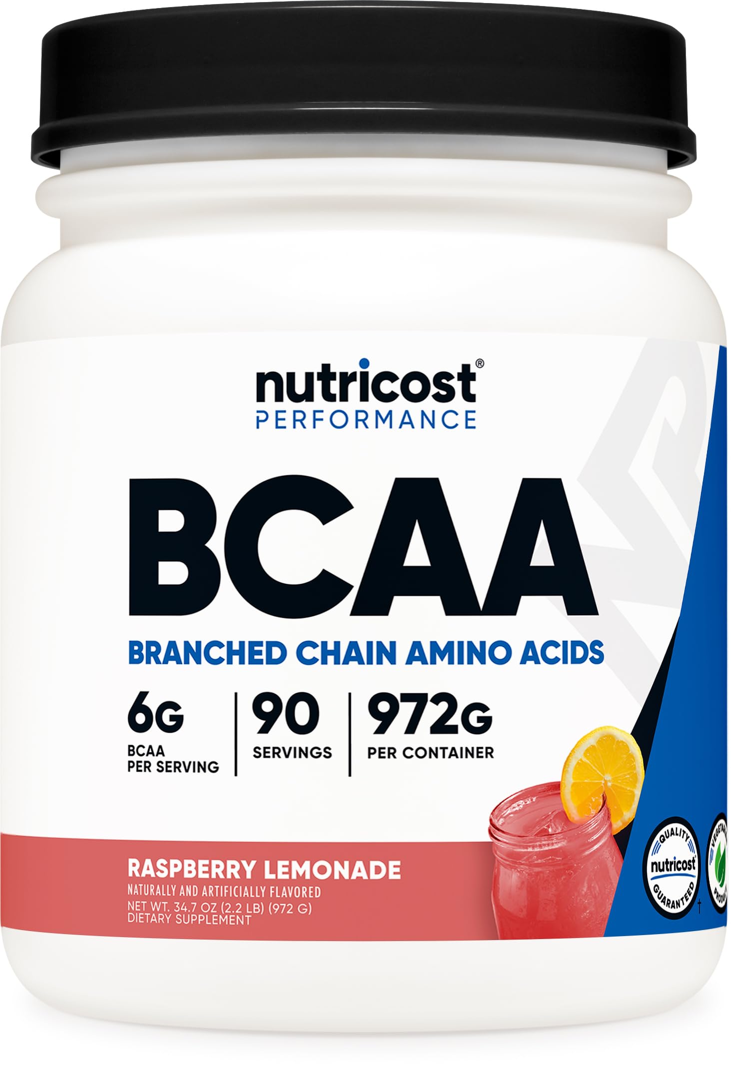 Nutricost BCAA Powder Raspberry Lemonade jar highlighting 6g BCAA per serving for workouts.