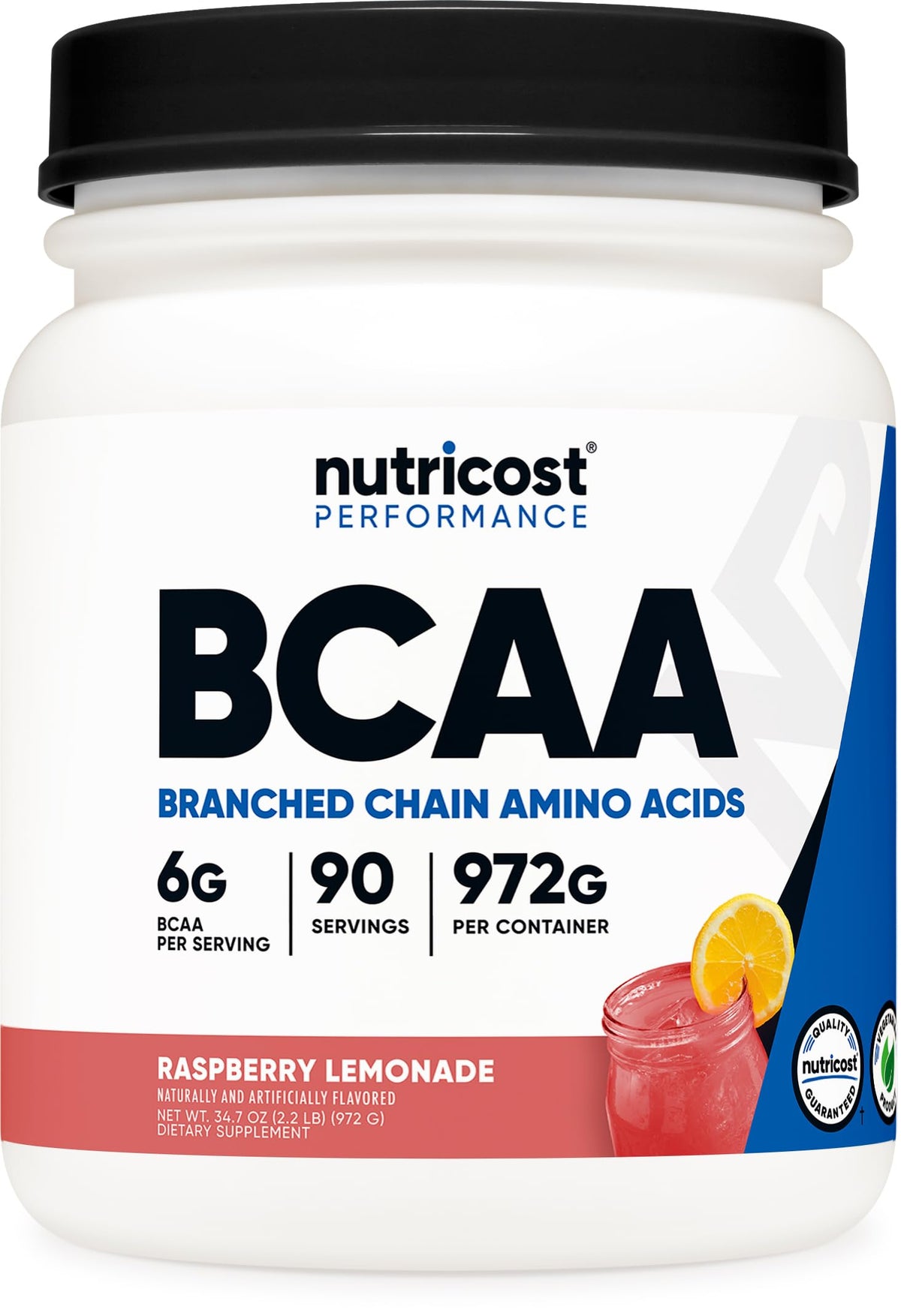 Nutricost BCAA Powder Raspberry Lemonade jar highlighting 6g BCAA per serving for workouts.