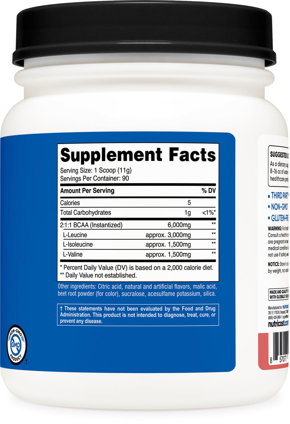 Nutricost BCAA Raspberry Lemonade packaging emphasizing non-GMO, gluten-free, and third-party testing.