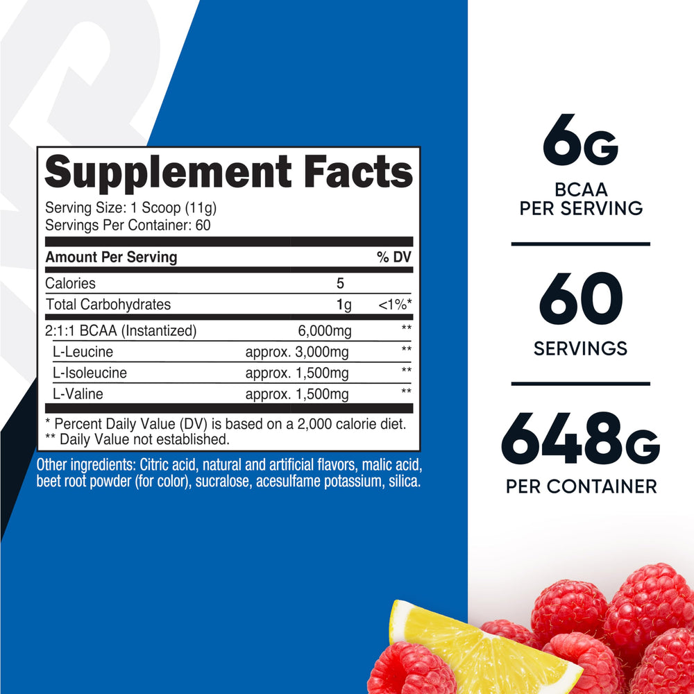 Nutricost BCAA Raspberry Lemonade scoop beside powder for quick mix.