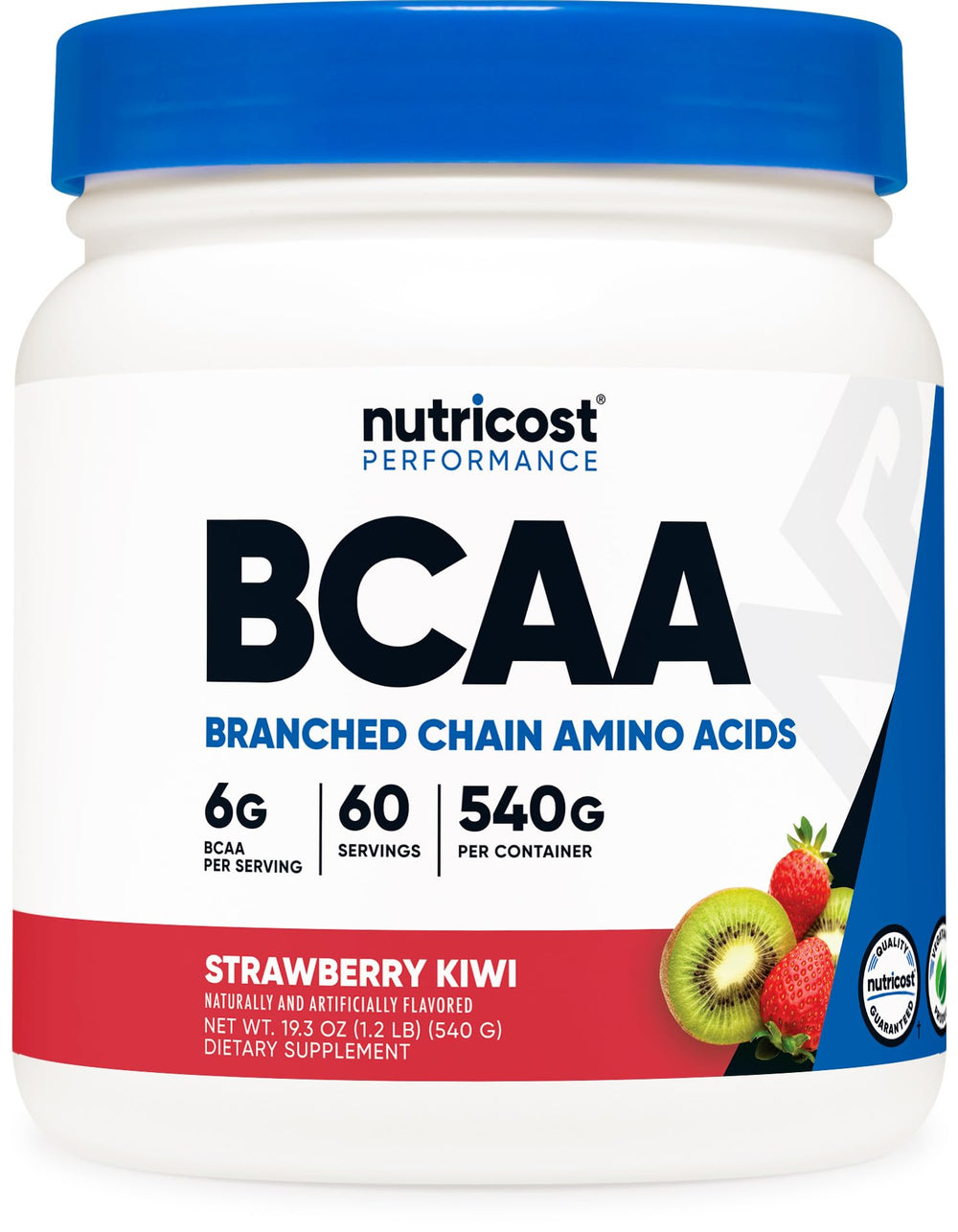 Nutricost BCAA Powder Strawberry Kiwi tub front shows flavor and serving details for workouts