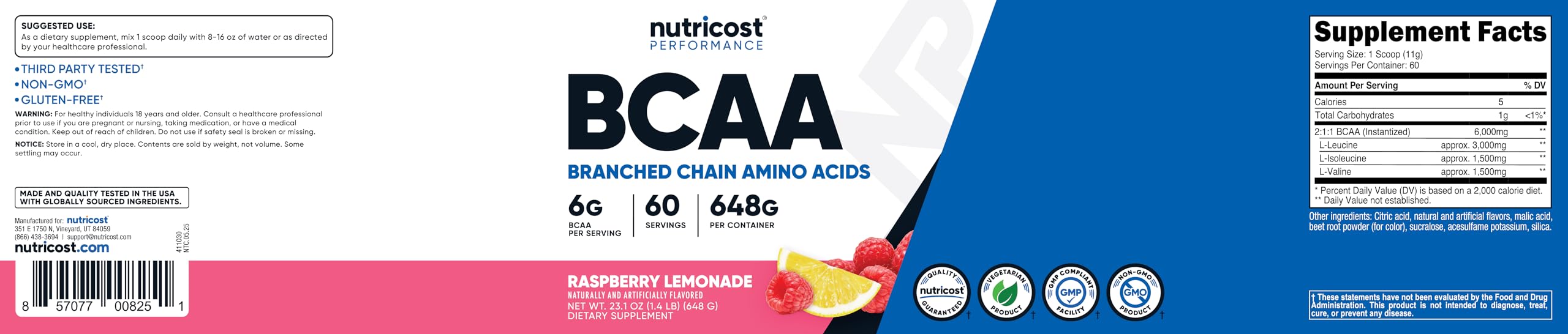Nutricost BCAA bottle close-up label highlighting quality standards.