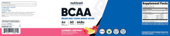Nutricost BCAA bottle close-up label highlighting quality standards.