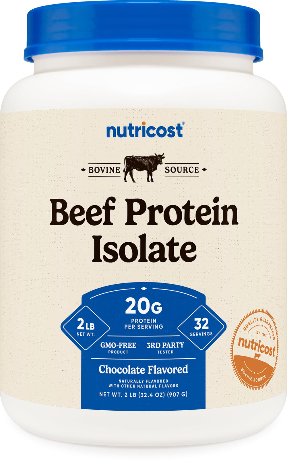 Nutricost beef protein isolate chocolate jar highlighting gluten-free protein source