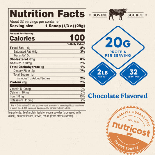 Scoop beside Nutricost beef protein isolate chocolate tub for convenient dosing