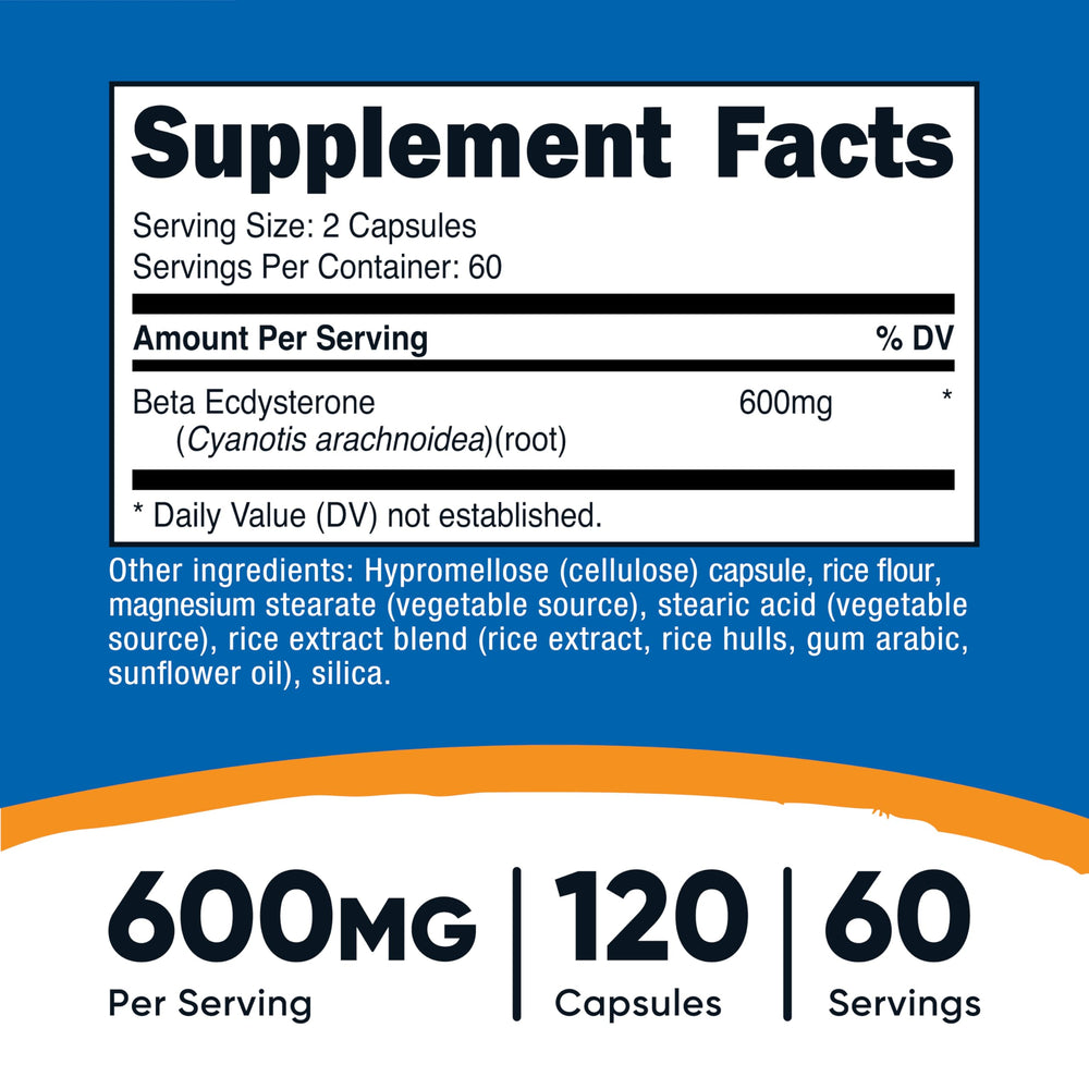 Nutricost Beta Ecdysterone capsules close-up highlighting vegan, gluten-free formula.
