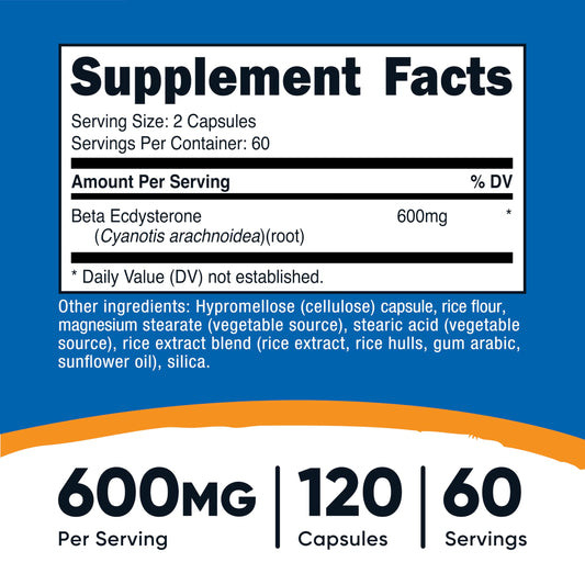Nutricost Beta Ecdysterone capsules close-up highlighting vegan, gluten-free formula.
