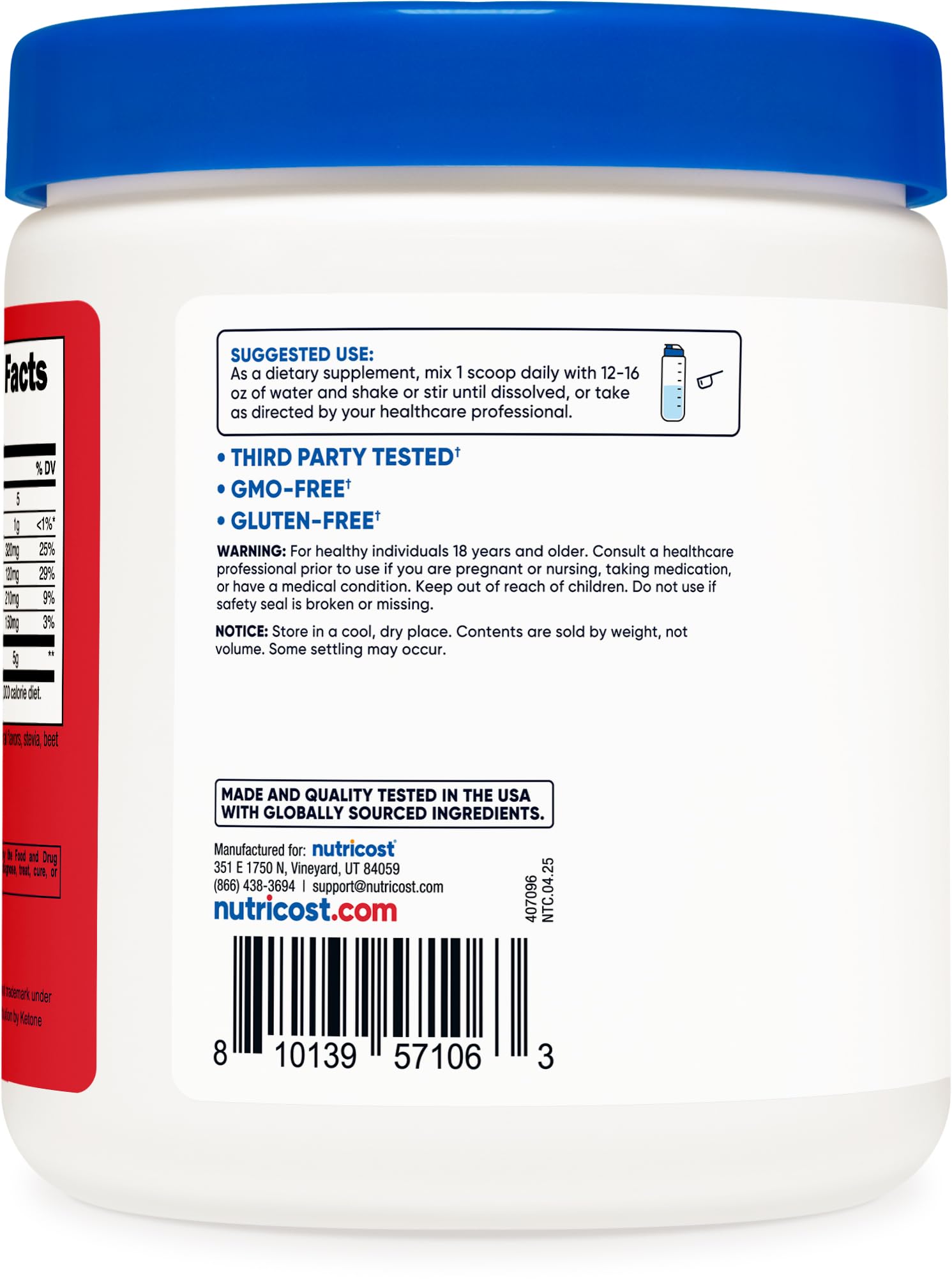 Nutricost BHB Salts Drink Mix Fruit Punch tub for easy pantry storage.