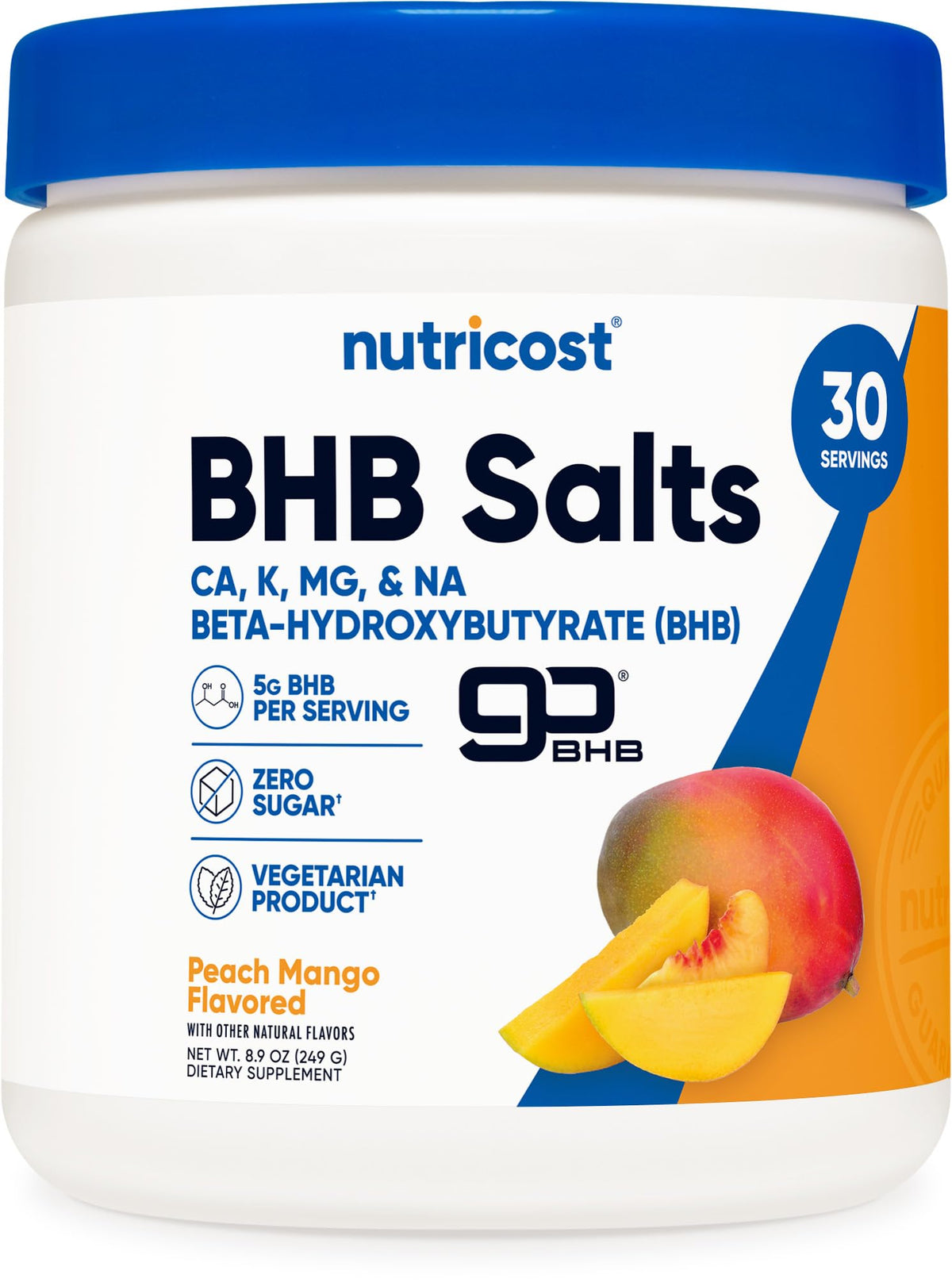 Nutricost BHB Salts Drink Mix Peach Mango bottle ready for energy support on the go