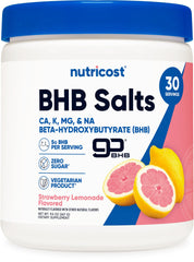Nutricost BHB Salts Drink Mix strawberry lemonade bottle for sustained energy during workouts.