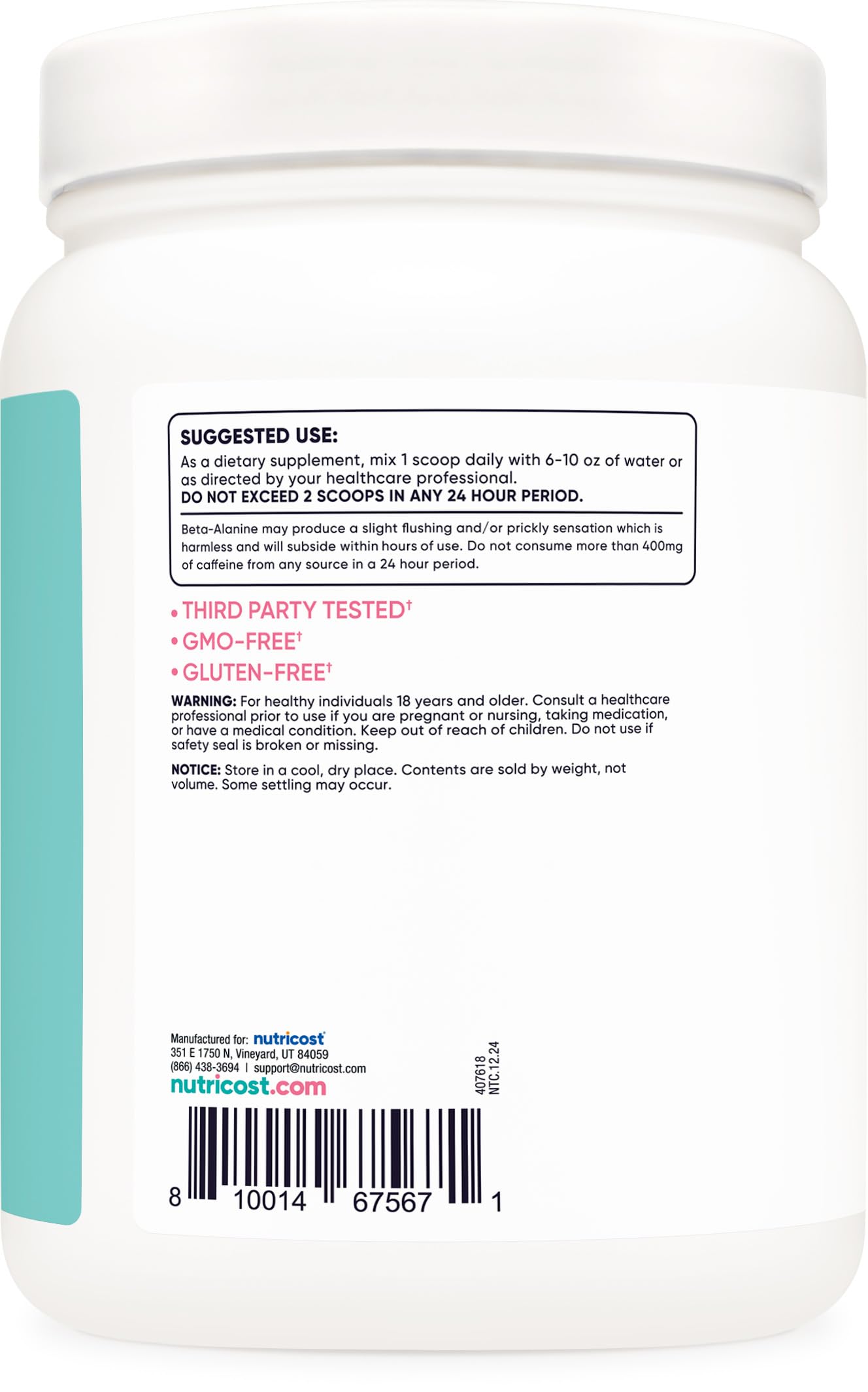 Nutricost Blue Raspberry Pre-Workout tub label highlighting quality and safety features