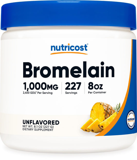 Nutricost Bromelain Powder bottle on countertop for daily wellness support.