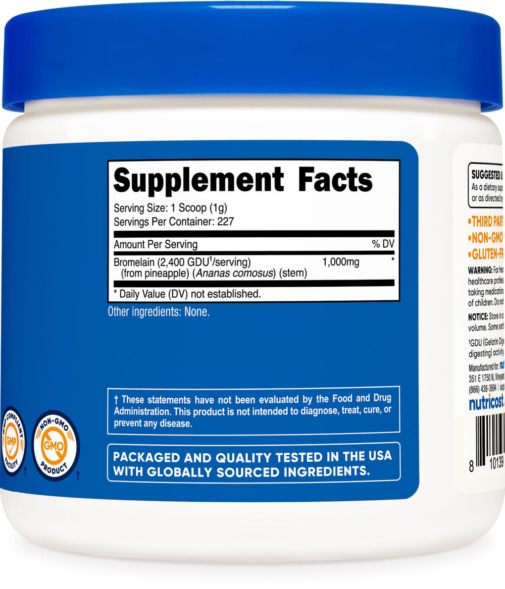Nutricost Bromelain Powder packaging shows both 4 oz and 8 oz options.