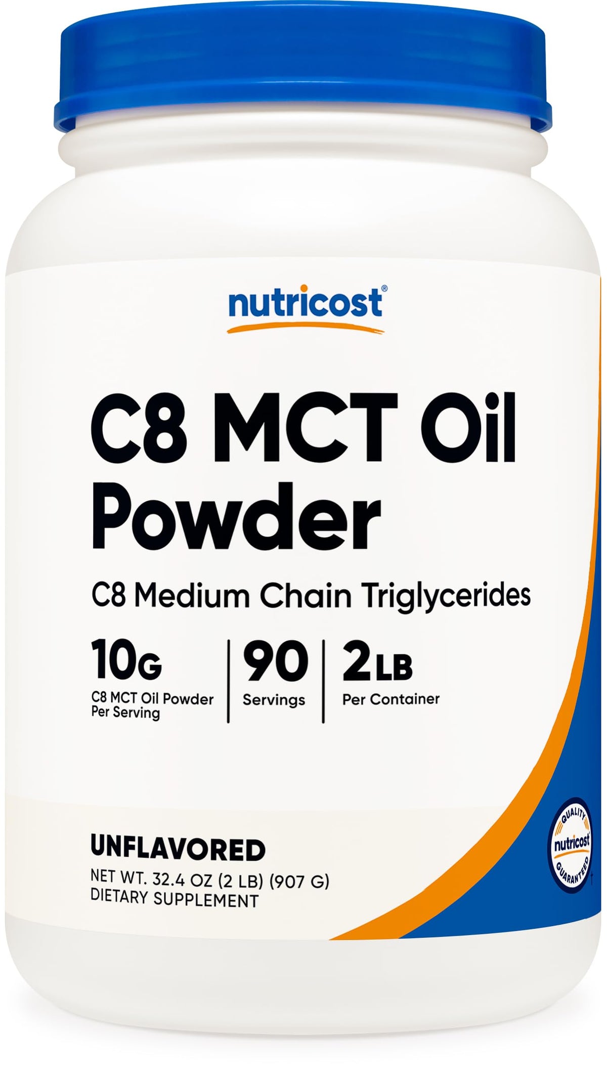 Nutricost C8 MCT oil powder jar front; high C8 content highlighted.