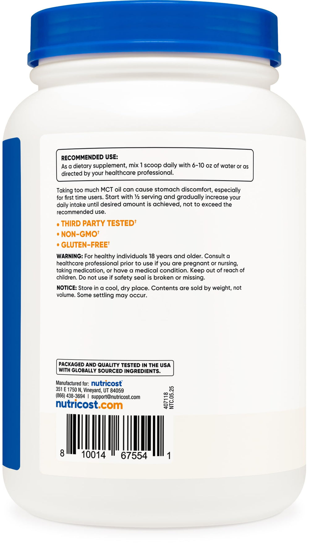 Nutricost C8 MCT powder on kitchen counter beside bottle.