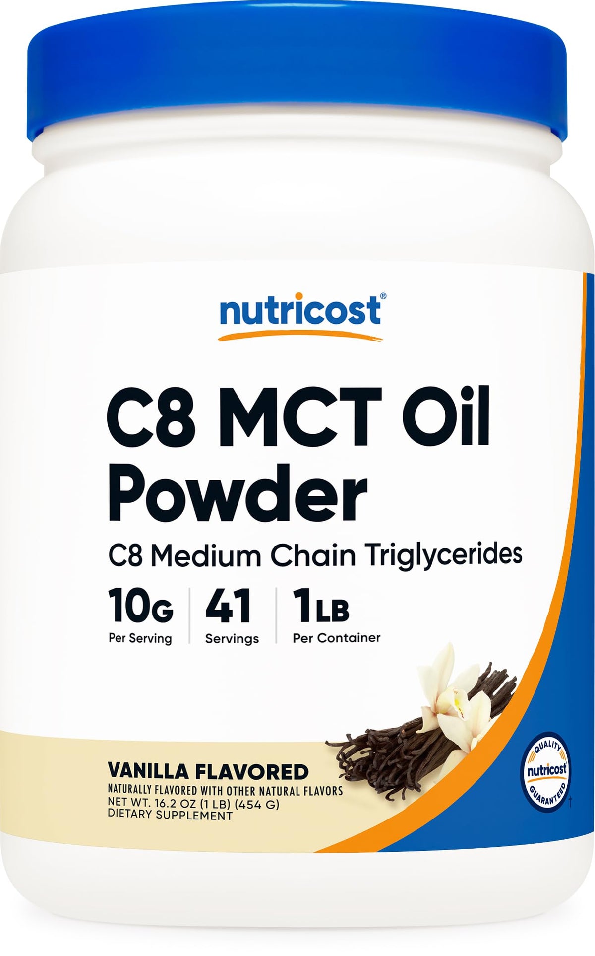 Nutricost C8 MCT Oil Powder vanilla jar for keto-friendly fuel and vanilla flavor.