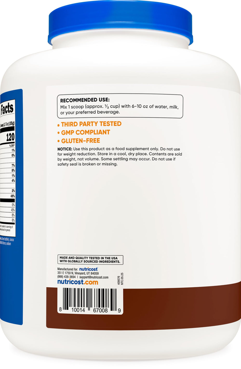 Nutricost 5lb chocolate casein shows nutrition label and protein per serving