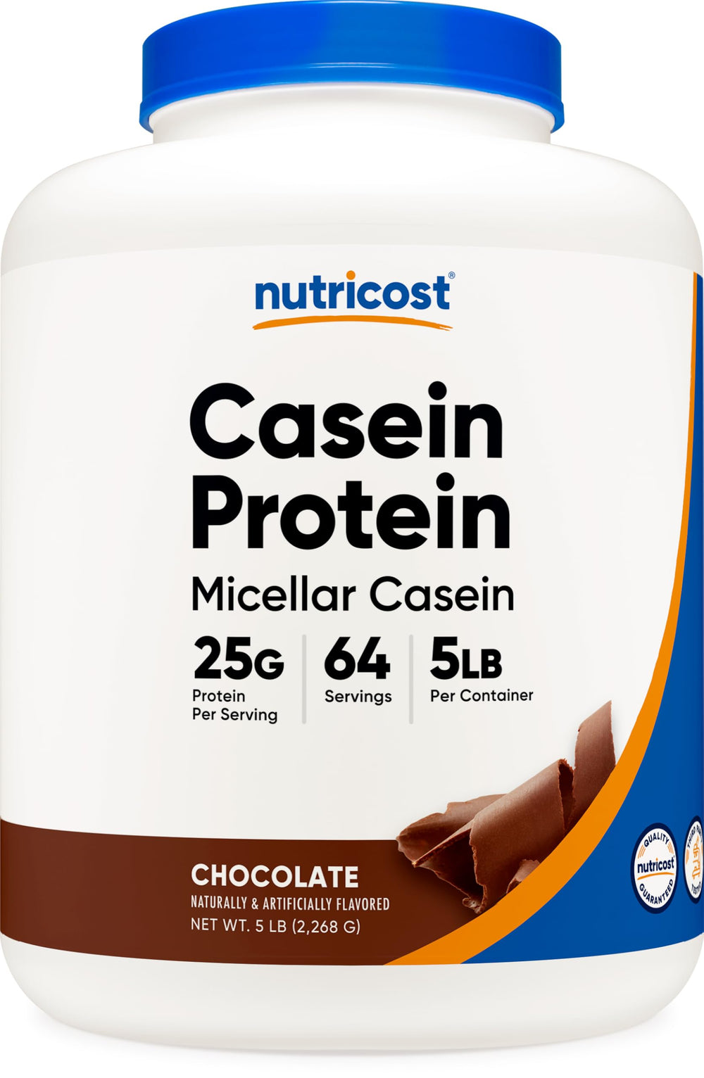 Nutricost casein protein powder 5lb chocolate tub with rich flavor for night-time snacking