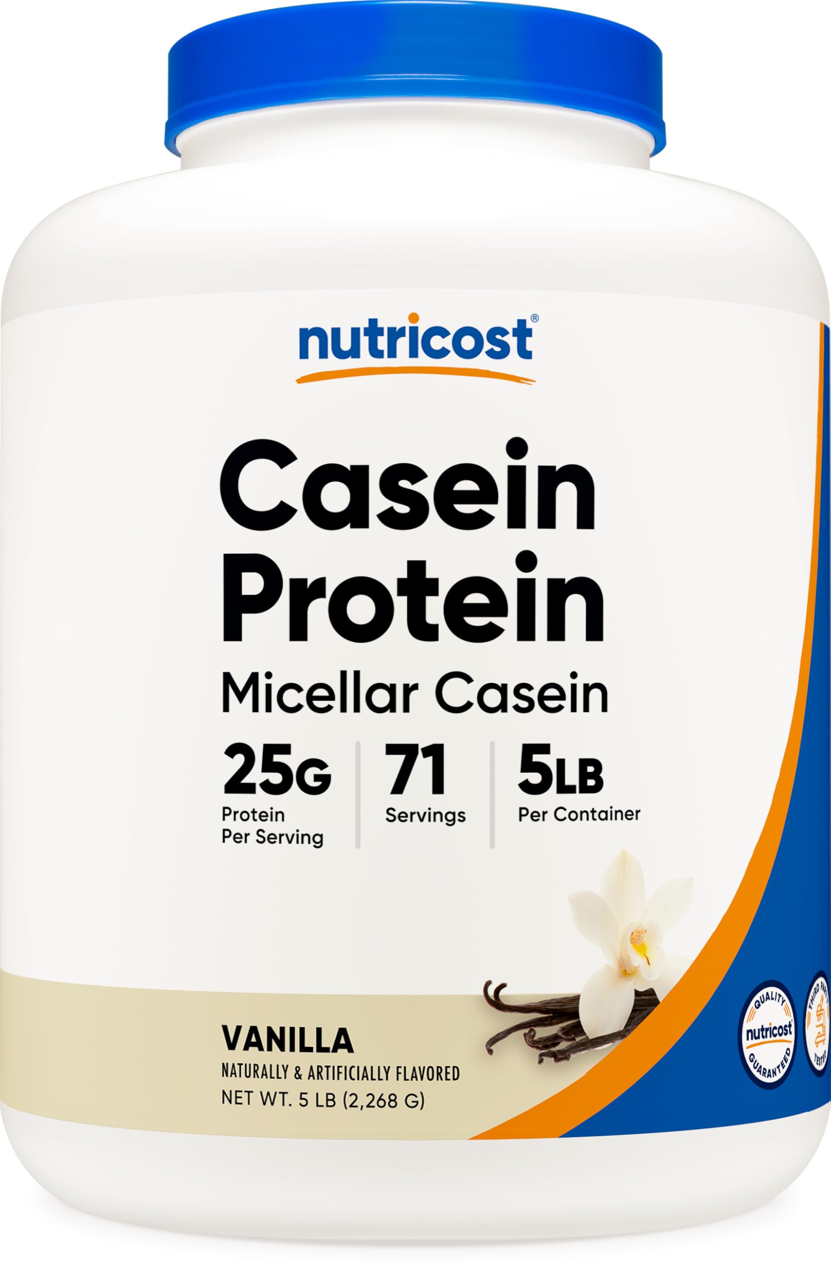 Nutricost Casein Vanilla 5lb bottle front, high-protein micellar formula for steady overnight nutrition.