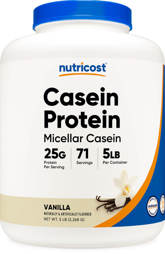 Nutricost Casein Vanilla 5lb bottle front, high-protein micellar formula for steady overnight nutrition.