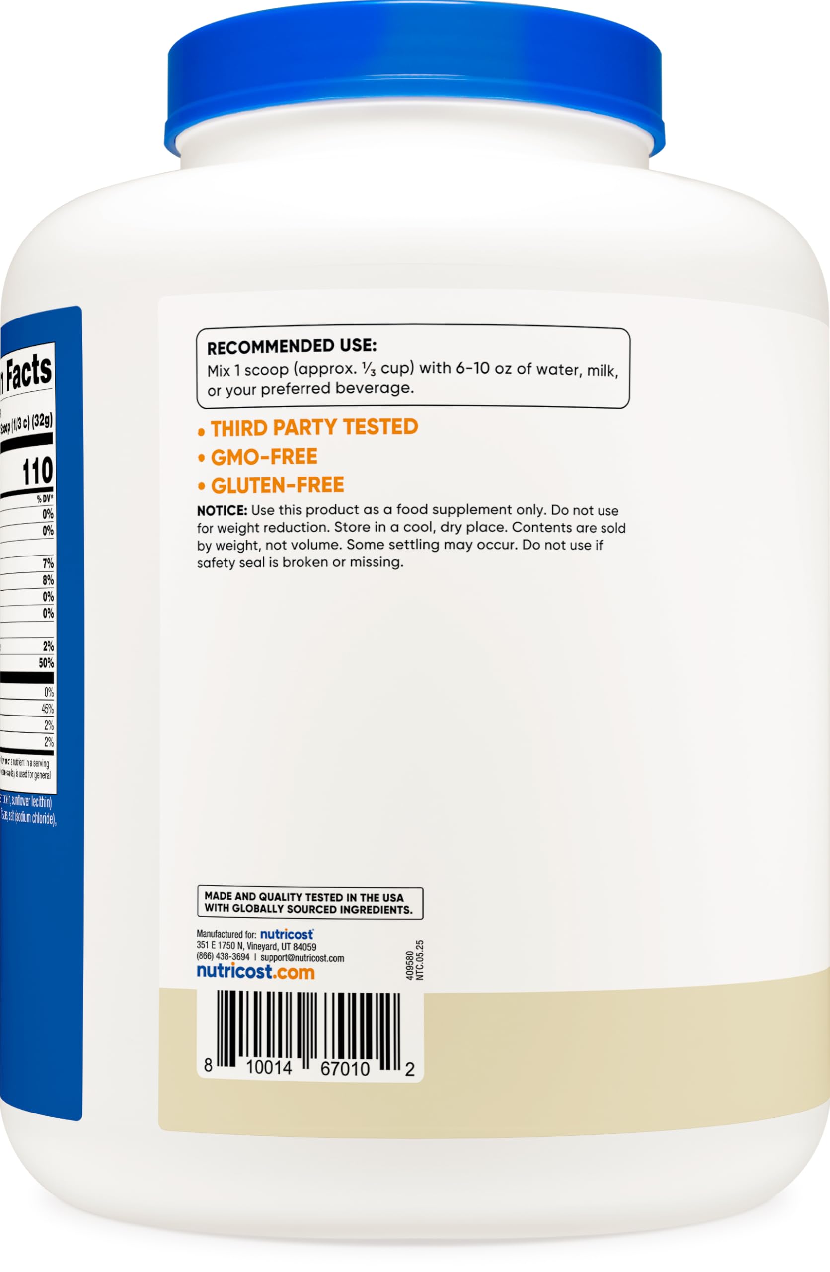 Nutricost Casein Vanilla label close-up, GMP facility quality and FDA registered manufacturing.
