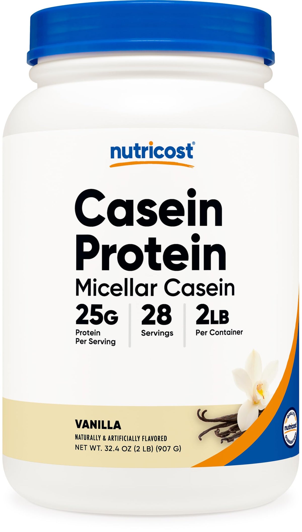 Nutricost Casein Vanilla tub shows 25 g protein per serving for steady amino acid delivery.