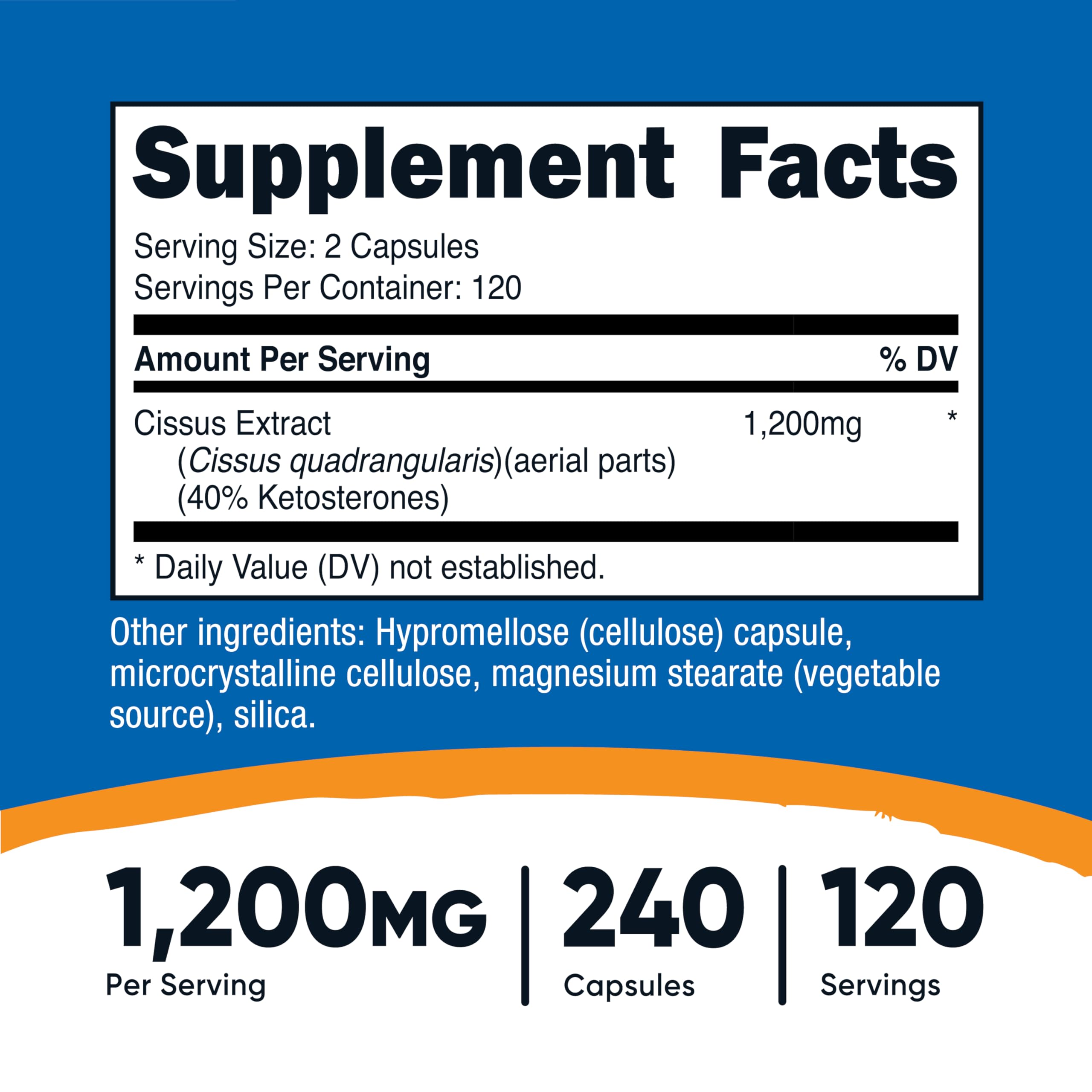 Nutricost Cissus Quadrangularis capsules close-up showing gluten-free, non-GMO formula.