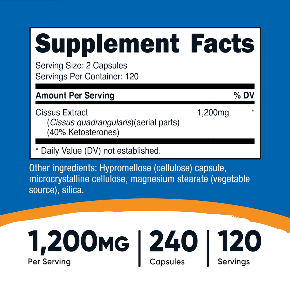 Nutricost Cissus Quadrangularis capsules close-up showing gluten-free, non-GMO formula.