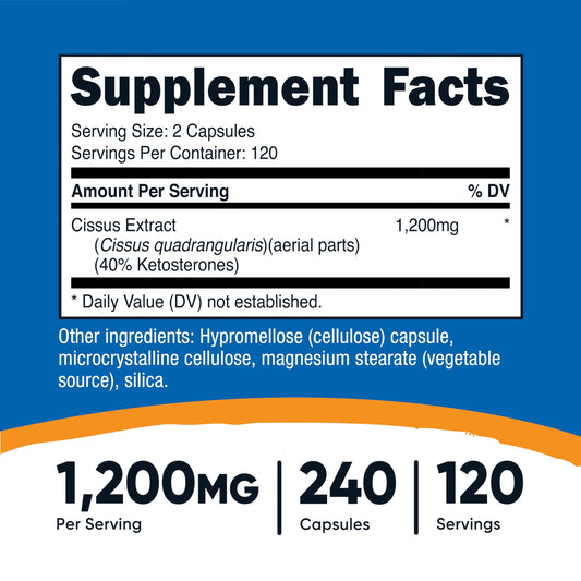 Nutricost Cissus Quadrangularis capsules close-up showing gluten-free, non-GMO formula.