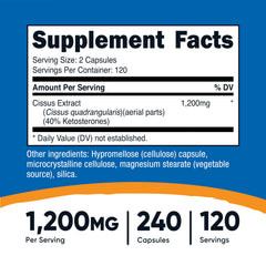 Nutricost Cissus Quadrangularis capsules close-up showing gluten-free, non-GMO formula.