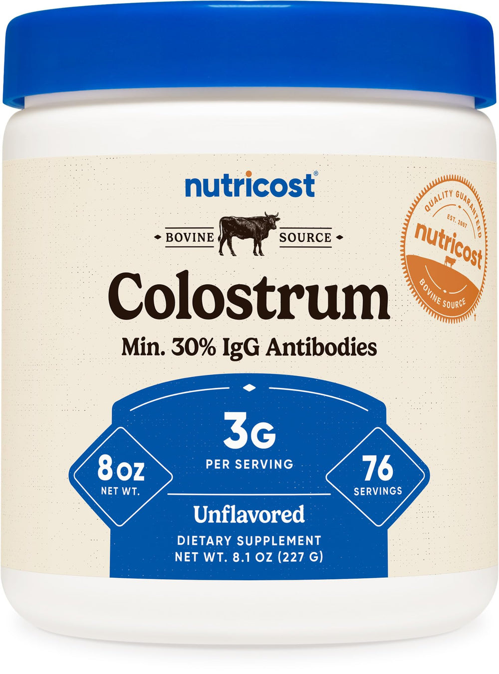 Nutricost colostrum powder bottle 8 oz highlighting purity and quality for daily use.