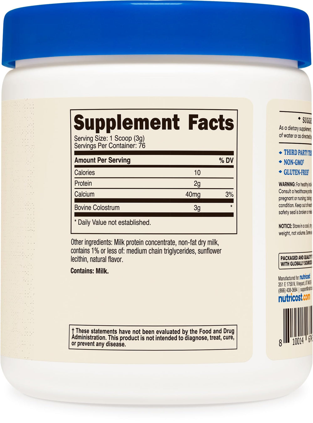 Nutricost colostrum powder GMP facility badge signaling safety and quality.