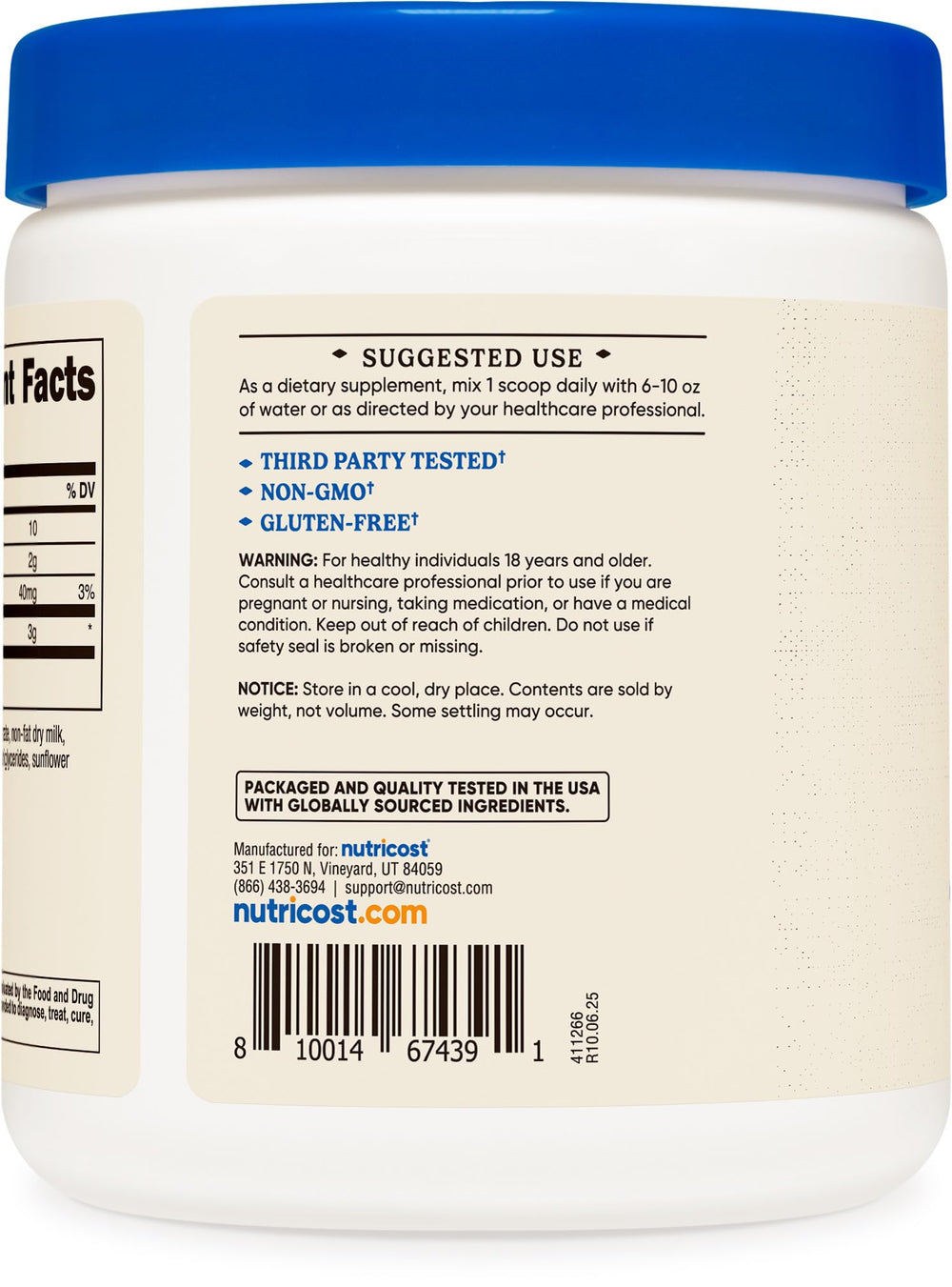 Nutricost colostrum powder packaging on shelf for easy storage.