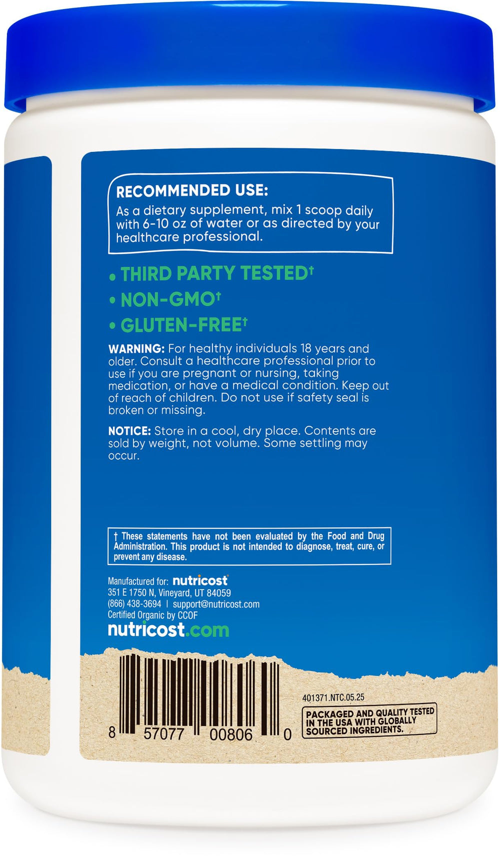 Nutricost Cordyceps powder packaging on kitchen counter highlighting GMP facility