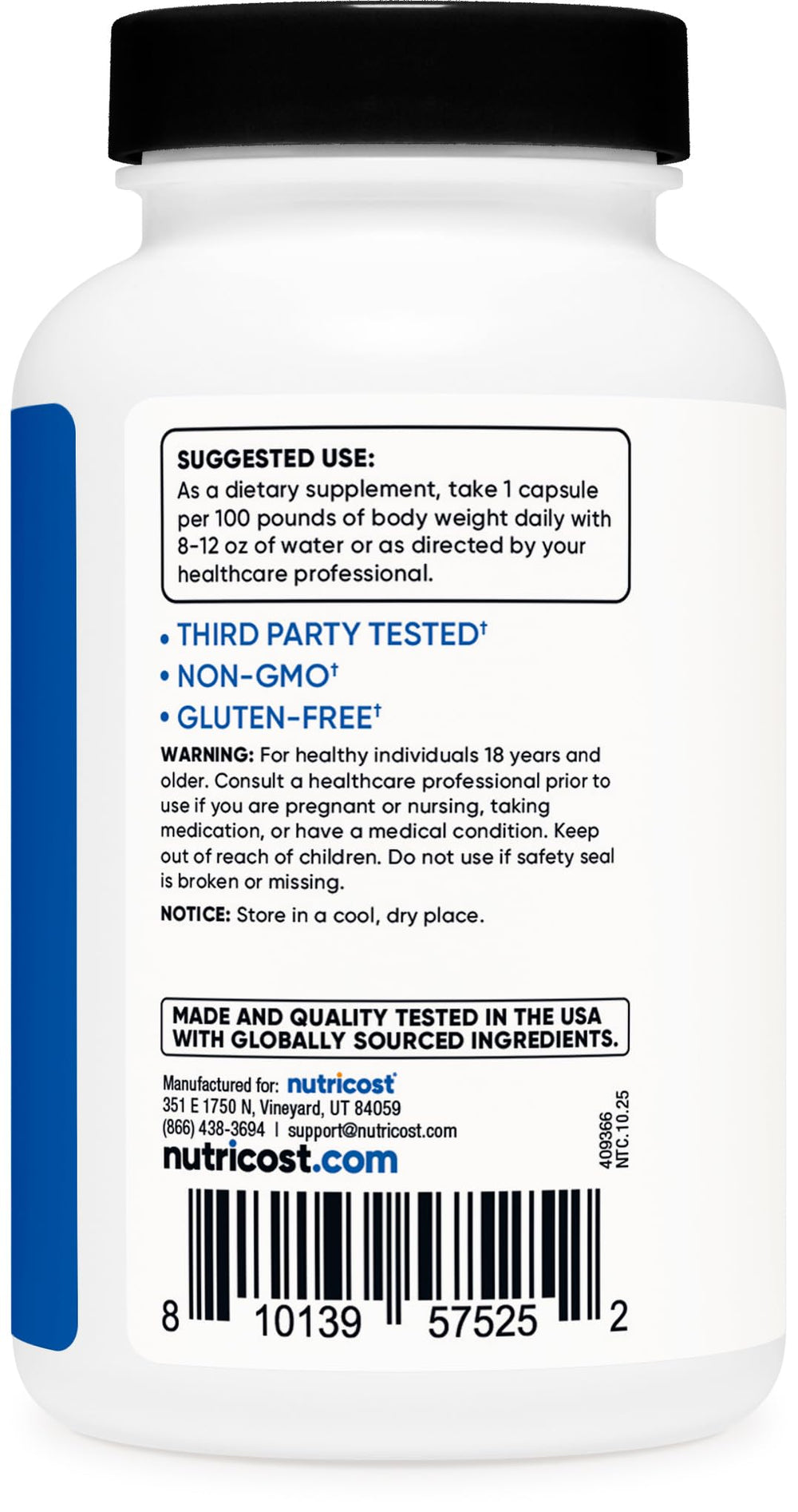 Nutricost Creatine HCl label highlighting gluten-free and GMO-free.
