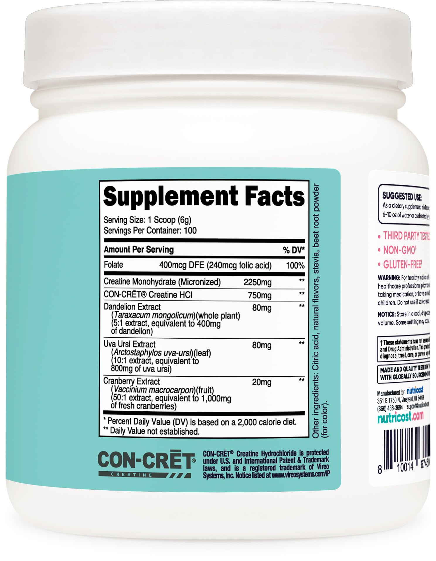 Nutricost creatine monohydrate; vegetarian, non-GMO, gluten-free option for dietary needs.