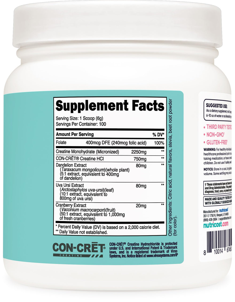 Nutricost creatine monohydrate; vegetarian, non-GMO, gluten-free option for dietary needs.