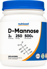 Nutricost D-Mannose powder bottle front, pure vegan supplement for daily routines.