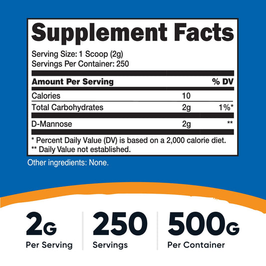 Nutricost D-Mannose powder being poured, convenient daily serving.