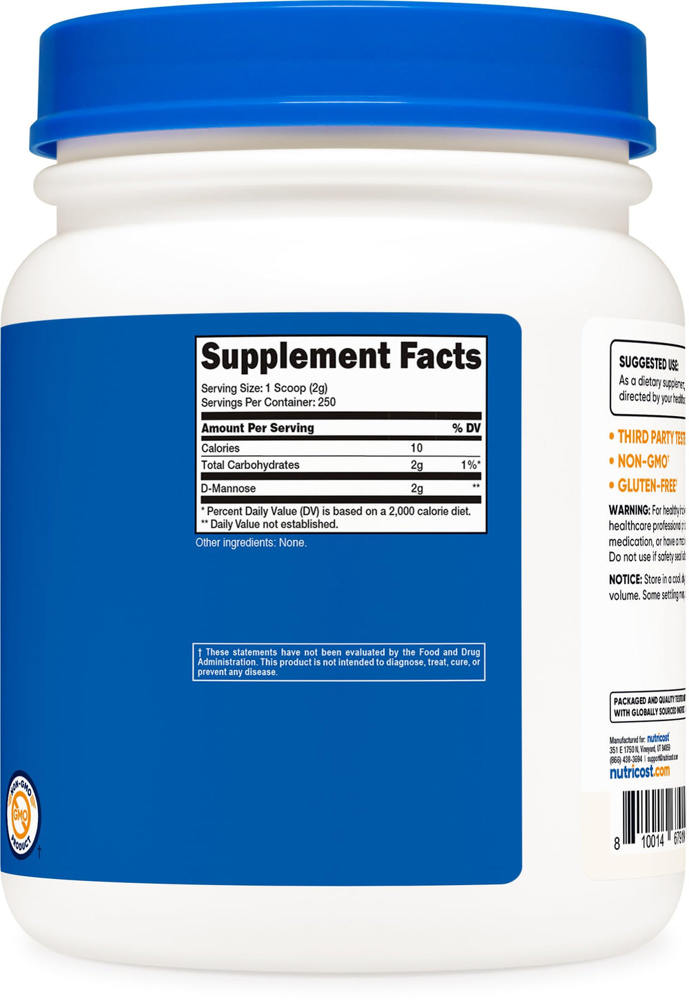 Nutricost D-Mannose powder label, NSF GMP FDA registered facility assurance.