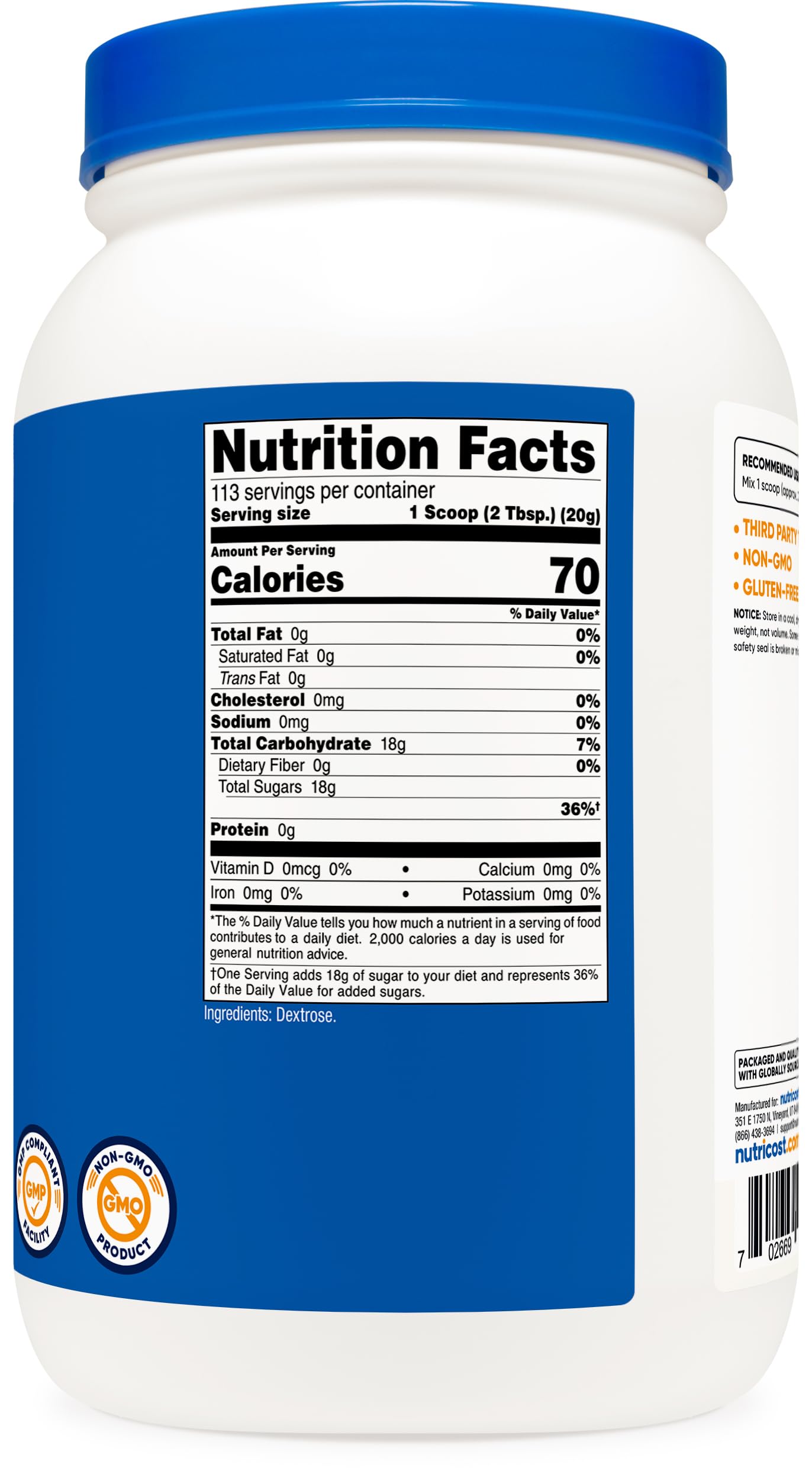 Nutricost Dextrose packaging with GMP and FDA logos indicating quality.