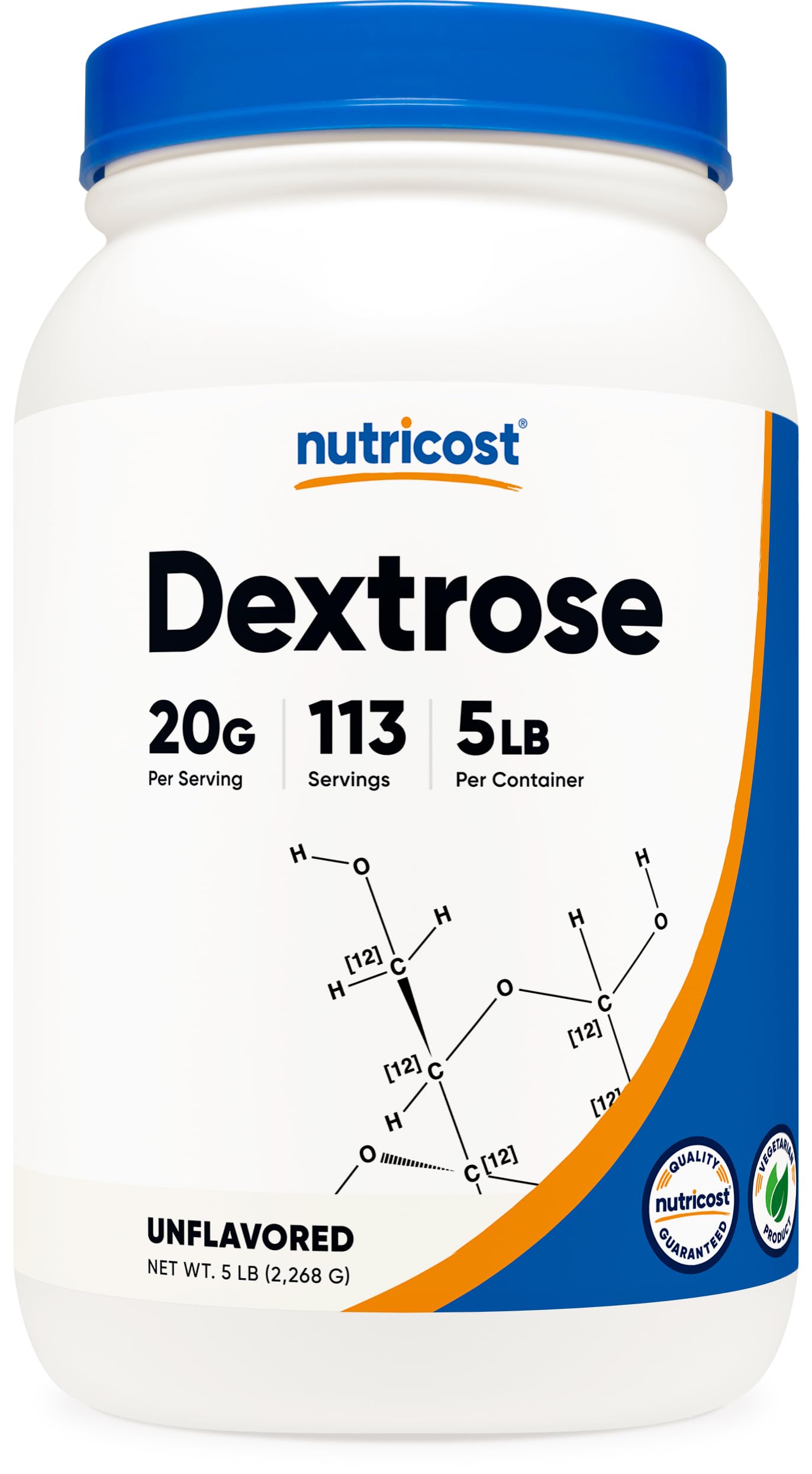 Nutricost Dextrose powder bottle with scoop for quick energy during workouts.