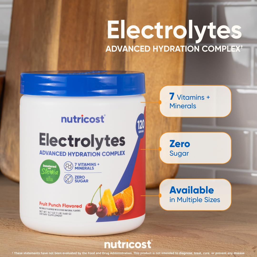 Nutricost Electrolyte Complex bottle packaging emphasizes GMP safety standards.