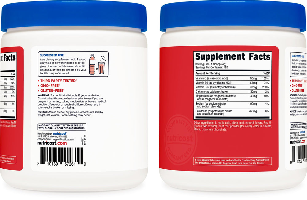 Nutricost Electrolyte Complex powder in glass shows refreshing hydration after mixing.