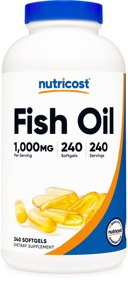 Nutricost Fish Oil Omega-3 bottle with 1000 mg capsules for daily wellness.